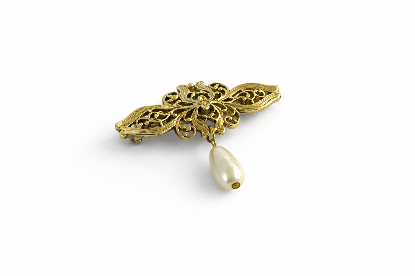 Vintage Filigree Brooch with Drop Pearl Accent