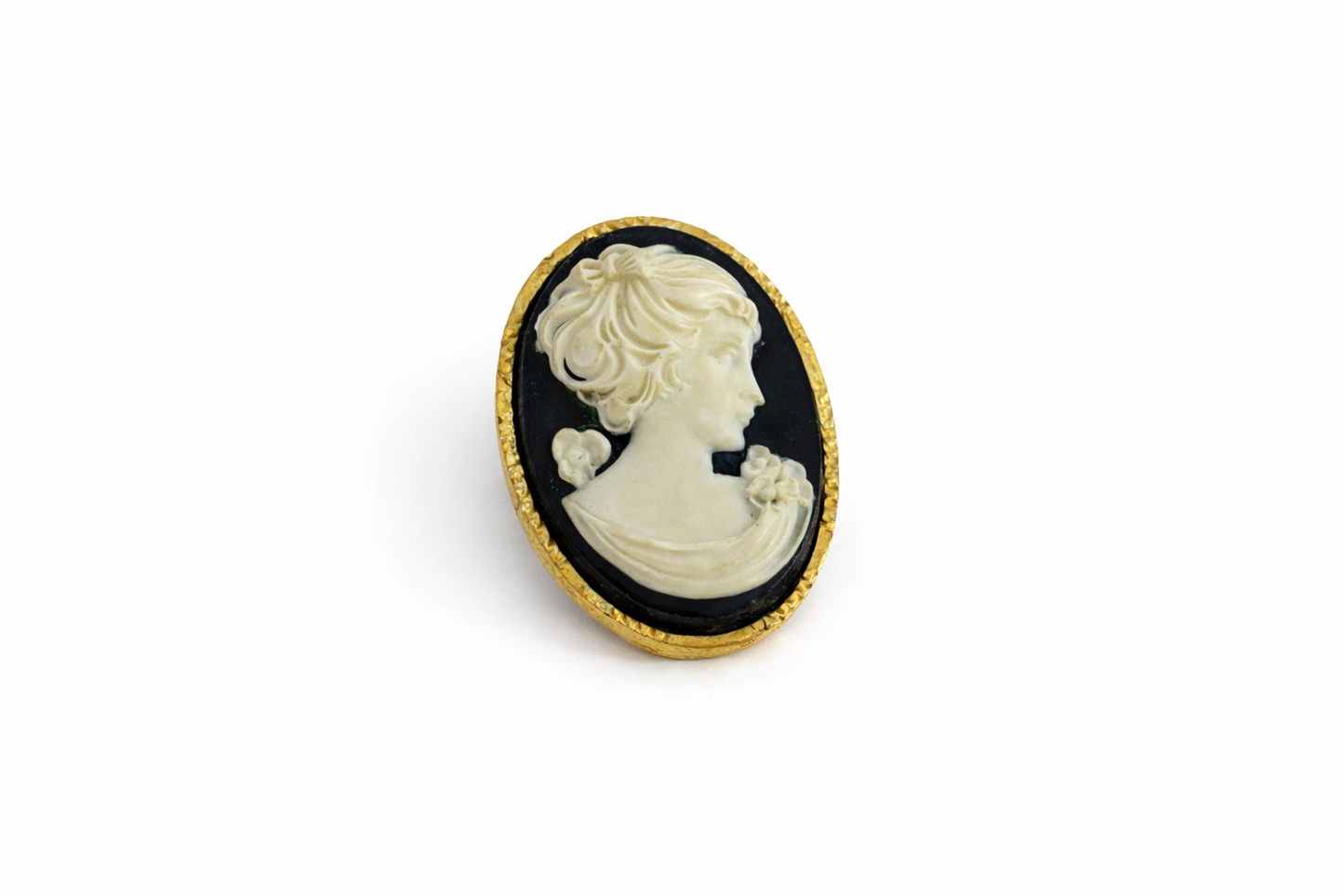 Vintage Black Cameo Brooch with Floral Detail